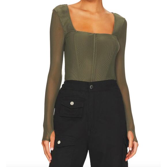 Steve Madden Hayden Top S Square Neck Long Sleeve Semi Sheer Mesh Stretch Olive - Picture 1 of 9
